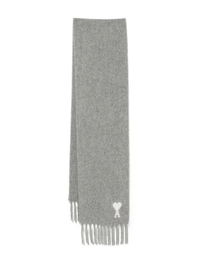 Ami Alexandre Mattiussi Ami Paris Ami Paris De Coeur Wool Scarf In Gray
