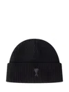Ami Alexandre Mattiussi Ami Paris Men Black Ribbed Knit Beanie With Logo Embroidery On The Front In Wool Man In Black