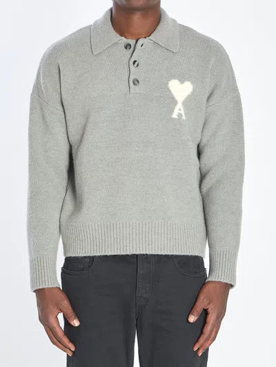 Ami Alexandre Mattiussi Ami Paris Ami Paris Wool Polo Sweater With Ami De Coeur Logo In Gray