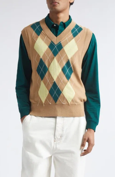 Ami Alexandre Mattiussi Brown Wool And Cotton Argyle Intarsia Sleeveless Sweater Beige