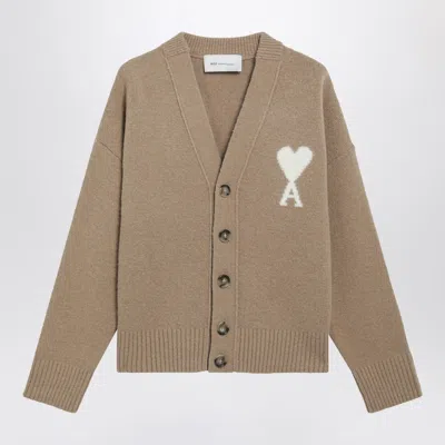 Ami Alexandre Mattiussi Ami Paris Beige Ami De Coeur Cardigan In Alpaca Blend In Brown