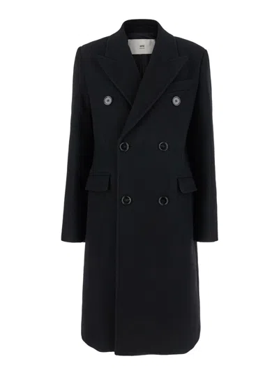 Ami Alexandre Mattiussi Ami Paris Black Double-breasted Coat With Peak Revers In Wool Woman