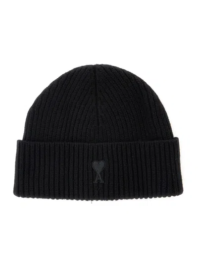 Ami Alexandre Mattiussi Ami Paris Black Ribbed Knit Beanie With Logo Embroidery On The Front In Wool Man