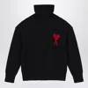 Ami Alexandre Mattiussi Relaxed Fit Black Wool Turtleneck Sweater With Graphic Heart Motif In Black
