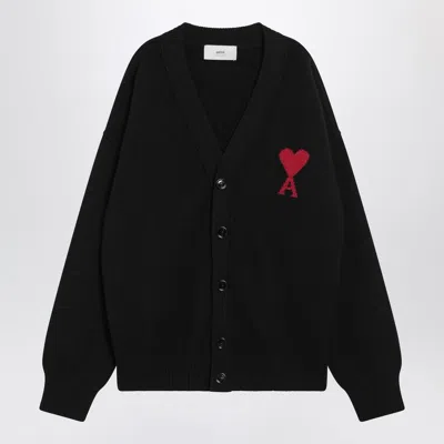 Ami Alexandre Mattiussi Ami Paris Men Black Cardigan With V Neck And Adc Embroidery On The Front In Wool Man