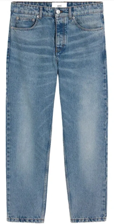 Ami Alexandre Mattiussi Ami Straight-leg Denim Jeans With Faded Blue Wash And Leather Accent