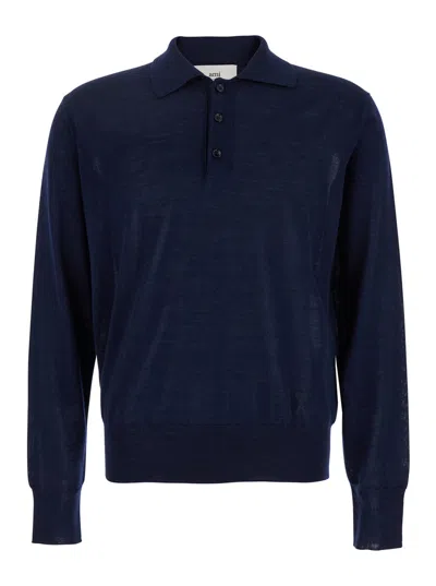 Ami Alexandre Mattiussi Ami Paris Blue Polo Shirt With Tone-on-tone Embroidered Logo On The Front In Virgin Wool And Silk Bl