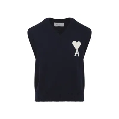 Ami Alexandre Mattiussi Blue V-neck Vest With Logo On The Front In Wool And Cotton Blend Man