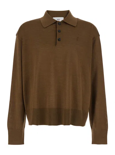 Ami Alexandre Mattiussi Ami Paris Brown Polo Shirt With Classic Collar And Logo Embroidery On The Front In Wool And Silk Man