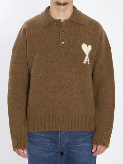 Ami Alexandre Mattiussi Ami Paris Brown Stretch Alpaca Blend Polo Shirt In Green