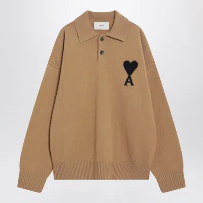 Ami Alexandre Mattiussi Ami Paris Camel-coloured Ami Paris De Coeur Polo Sweater In Brown
