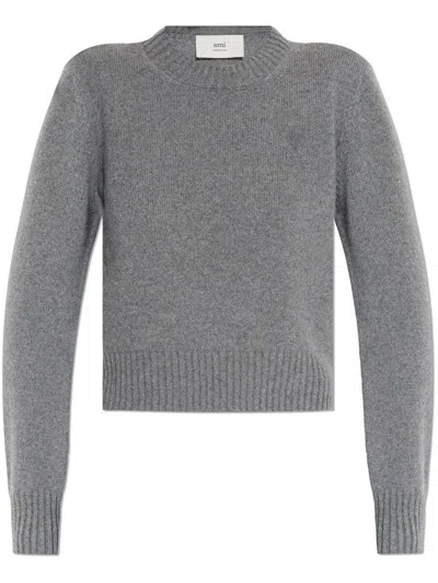 Ami Alexandre Mattiussi Ami Paris Ami De Coeur Logo-embroidered Knit Cropped Jumper In Grey