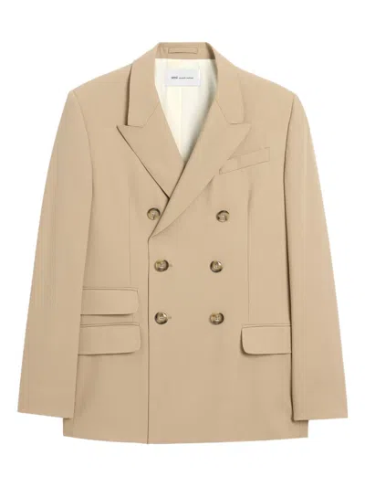Ami Alexandre Mattiussi Ami Paris Classic Double-breasted Jacket With Piped Pocket And Side Slits In Neutral