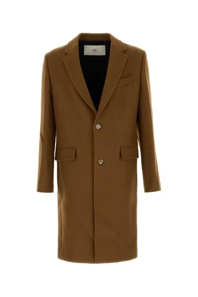 Ami Alexandre Mattiussi Wool Coat With Notch Lapel And Long Sleeves In Brown