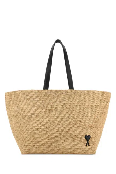 Ami Alexandre Mattiussi Ami Paris Coeur Raffia Tote Bag In Brown