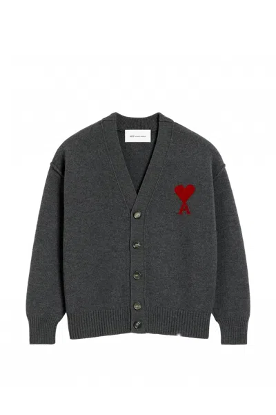 Ami Alexandre Mattiussi Ami Paris Contrasted Ami De Coeur Cardigan In Gray