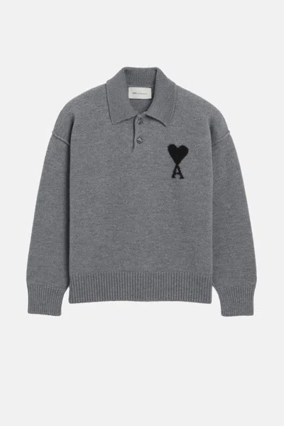 Ami Alexandre Mattiussi Ami Paris Contrasted Ami De Coeur Polo Sweater In Grey
