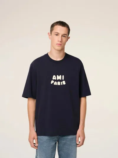 Ami Alexandre Mattiussi Boxy Navy T-shirt With Playful Logo Detailing In Black
