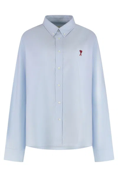 Ami Alexandre Mattiussi Long Sleeve Poplin Shirt With Rounded Hem In Blue