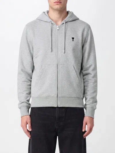 Ami Alexandre Mattiussi Ami Paris Cotton Zip-up Hoodie With Kangaroo Pocket And Logo In Gray