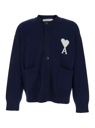 Ami Alexandre Mattiussi Ami Paris Cotton-wool Blend With Heart Logo Cardigan In Blue