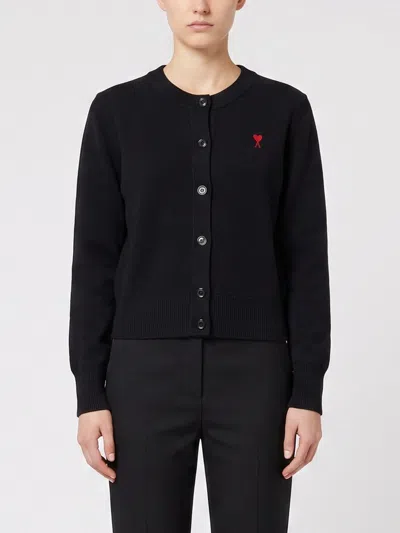 Ami Alexandre Mattiussi Ami Paris Crewneck Cardigan In Pure Merino Wool With Embroidered Logo In Black