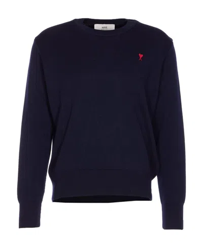 Ami Alexandre Mattiussi Ami Paris Men Blue Crewneck Sweater With Adc Embroidery On The Front In Wool Blend Man