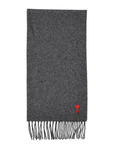 AMI ALEXANDRE MATTIUSSI AMI PARIS  DARK GREY AMI DE COEUR WOOL SCARF