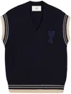 Ami Alexandre Mattiussi Midnight Wool V-neck Vest With Ribbed Texture In Bleu Marine