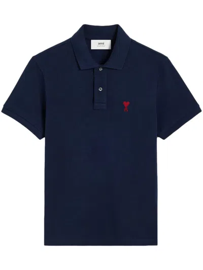 Ami Alexandre Mattiussi Ami Paris De Coeur Organic-cotton Polo Shirt In Bleu Nuit