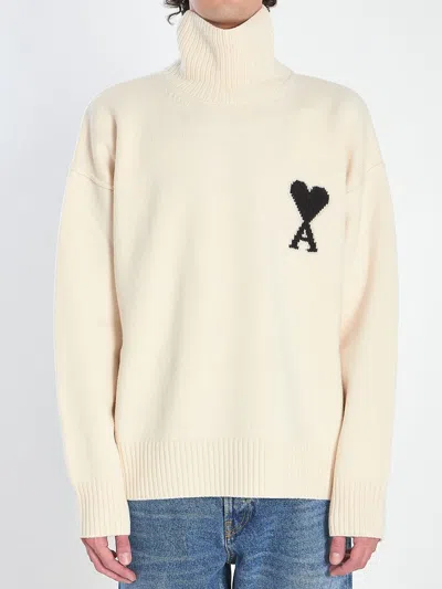 Ami Alexandre Mattiussi Ami Paris De Coeur Turtleneck Sweater In Neutral