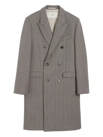 Ami Alexandre Mattiussi Ami Paris Double-breasted Herringbone Coat With Peak Lapels In Gray
