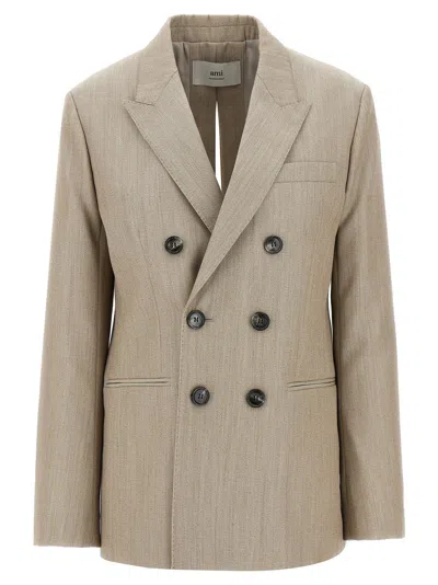 Ami Alexandre Mattiussi Ami Paris Double-breasted Wool Blazer In Beige