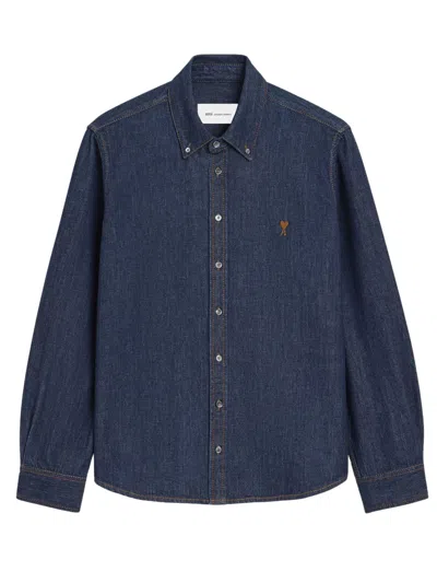 Ami Alexandre Mattiussi Ami Paris Embroidered Button-down Collar Shirt With Topstitching In Blue