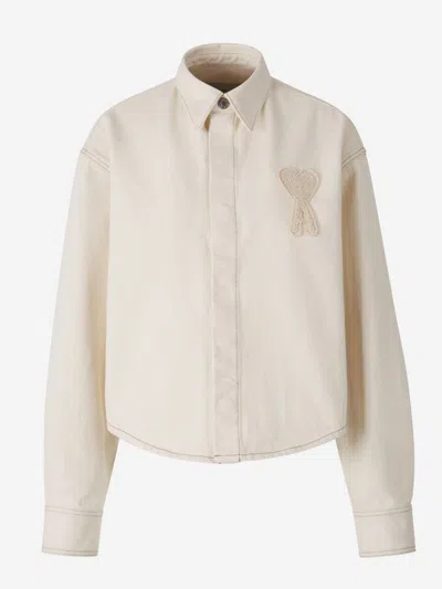 Ami Alexandre Mattiussi Ami Paris Embroidered Denim Shirt In White Cream