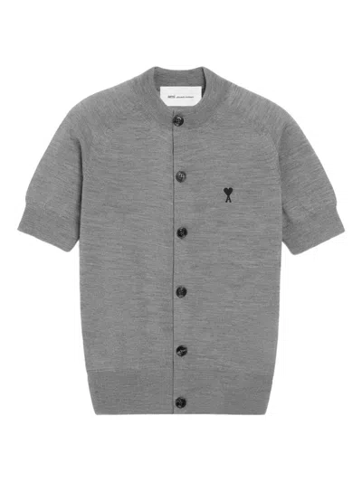 Ami Alexandre Mattiussi Ami Paris Embroidered Heart Round Collar Short Sleeve Sweater In Gray