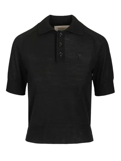 Ami Alexandre Mattiussi Ami Paris Embroidered Logo Short Sleeve Ribbed Hem Mini Top In Black