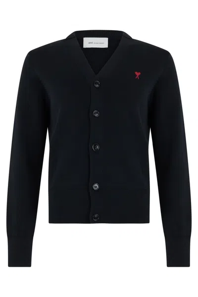 Ami Alexandre Mattiussi Ami Paris Embroidered Wool Cardigan With Button Front And Fine Striped Collar In Black