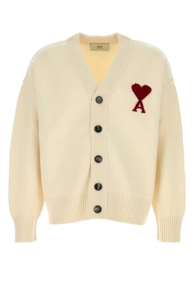 Ami Alexandre Mattiussi Ami Paris Heart-embroidered Virgin Wool Cardigan In Beige