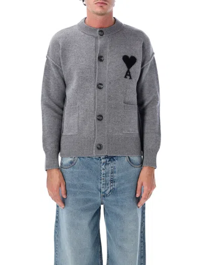 Ami Alexandre Mattiussi Ami Paris Felted Merino Wool Crewneck Cardigan With Intarsia Logo & Engraved Horn Buttons In Gray