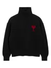 Ami Alexandre Mattiussi Relaxed Fit Black Wool Turtleneck Sweater With Graphic Heart Motif In Black