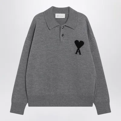 Ami Alexandre Mattiussi Ami Paris Grey Ami De Coeur Wool Polo Sweater In Gray
