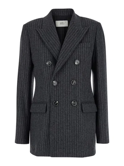 Ami Alexandre Mattiussi Ami Paris Grey Striped Double-breasted Jacket In Wool Woman