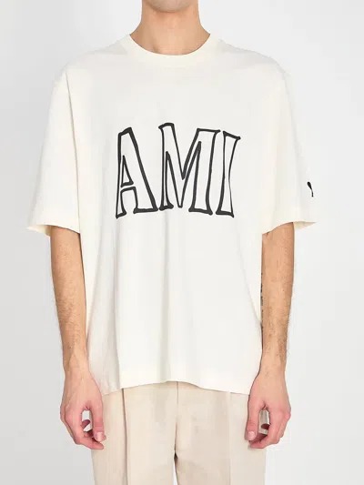 Ami Alexandre Mattiussi Ami Paris H Ami Beige Printed T-shirt In White