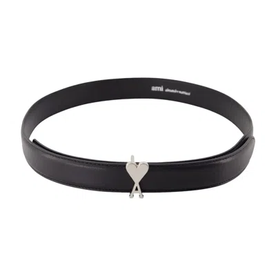 Ami Alexandre Mattiussi Ami Paris Heart Buckle Calfskin Belt In Black