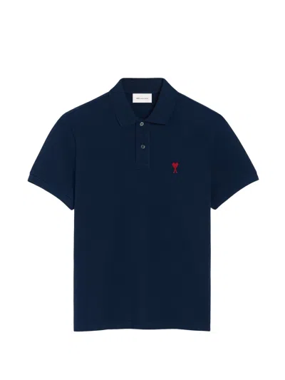 Ami Alexandre Mattiussi Ami Paris Heart-embroidered Cotton Polo In Navy