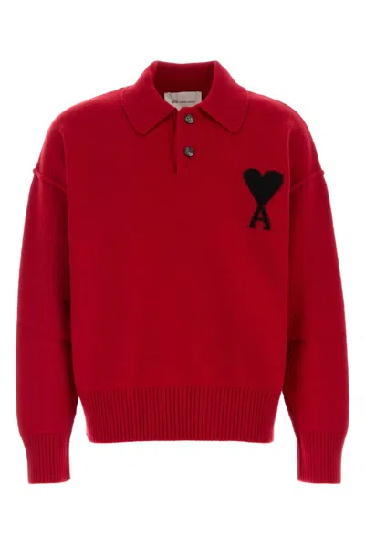 Ami Alexandre Mattiussi Ami Paris Heart-embroidered Virgin Wool Polo Shirt In Red