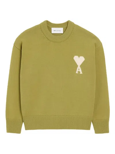 Ami Alexandre Mattiussi Ami Paris Intarsia Knit Crew Neck Sweater With Ribbed Hem In Green