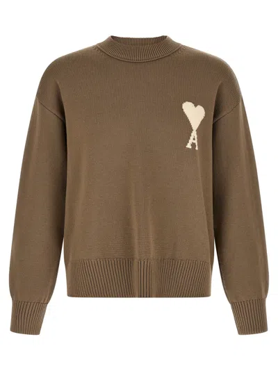 Ami Alexandre Mattiussi Ami Paris Intarsia Logo Sweater In Taupe