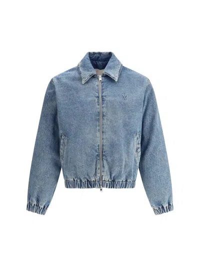 Ami Alexandre Mattiussi Adc Padded Logo-embossed Denim Bomber Jacket In Blue